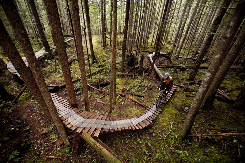 A mountain bike rider negotiates the" Buggered Pig"  trail's bridgework section in Cumberland.  Cumberland, The Comox Valley, Vancouver Island, British Columbia, Canada.